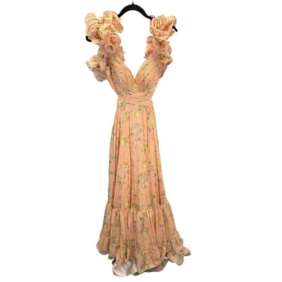 Mac Duggal Pink Floral Ruffle Maxi Gown Size 2 | Romantic Tulle Evening Dress - Picture 8 of 14